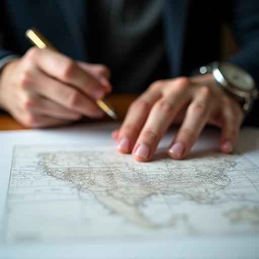 Close up of a lawyer analyzing industrial regulatory maps and specialized legal codes